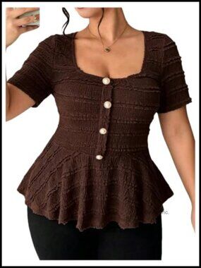 Plus Size Peplum Babydoll Square Neck Short Sleeve Ruffle Top